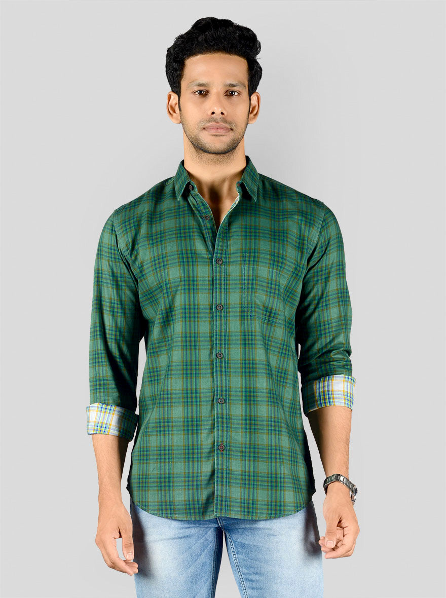 Posy Green & Blue Checked Slim Fit Casual Shirt | JadeBlue