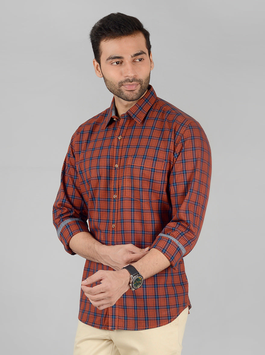 Rust Checked Slim Fit Casual Shirt | Greenfibre