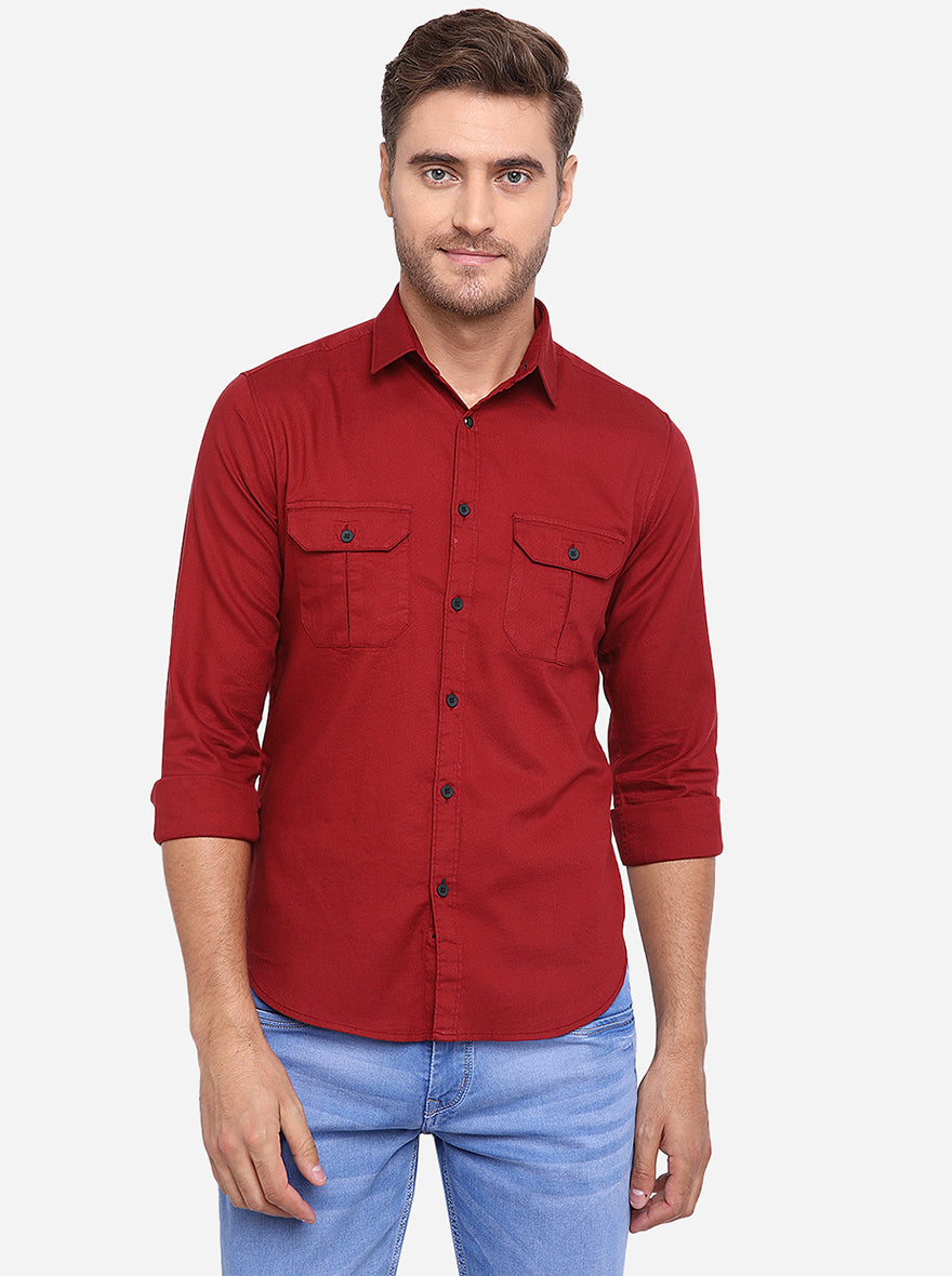 Rose Red Solid Slim Fit Casual Shirt | Greenfibre