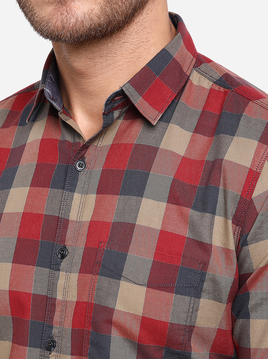 Burn Red Checked Slim Fit Casual Shirt | JadeBlue