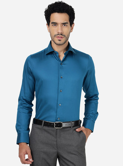 Peacock Blue Solid Slim Fit Party Wear Shirt | Wyre