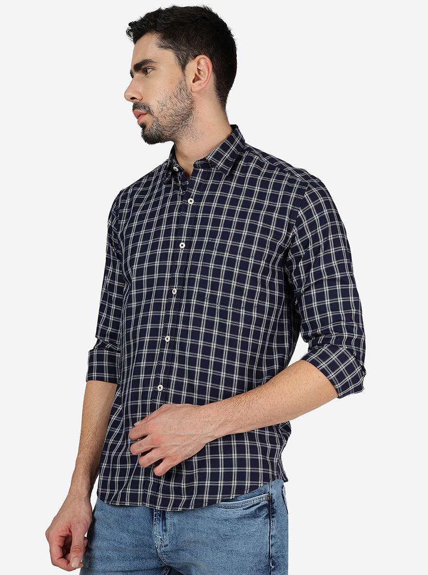 Ink Blue Checked Slim Fit Semi Casual Shirt | JadeBlue
