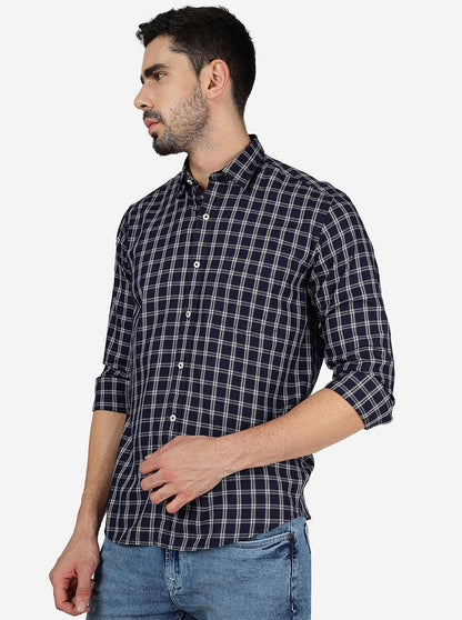 Ink Blue Checked Slim Fit Semi Casual Shirt | JadeBlue