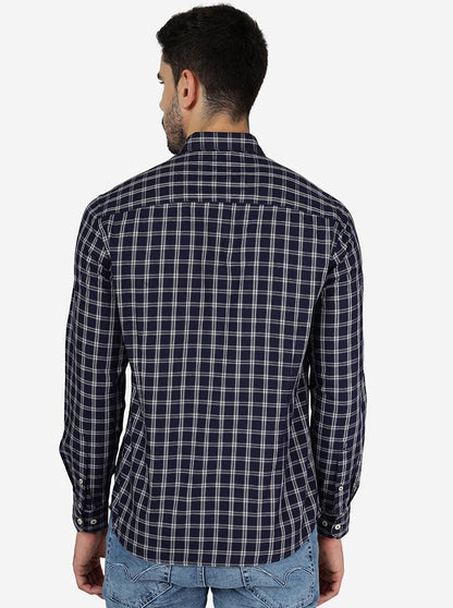 Ink Blue Checked Slim Fit Semi Casual Shirt | JadeBlue