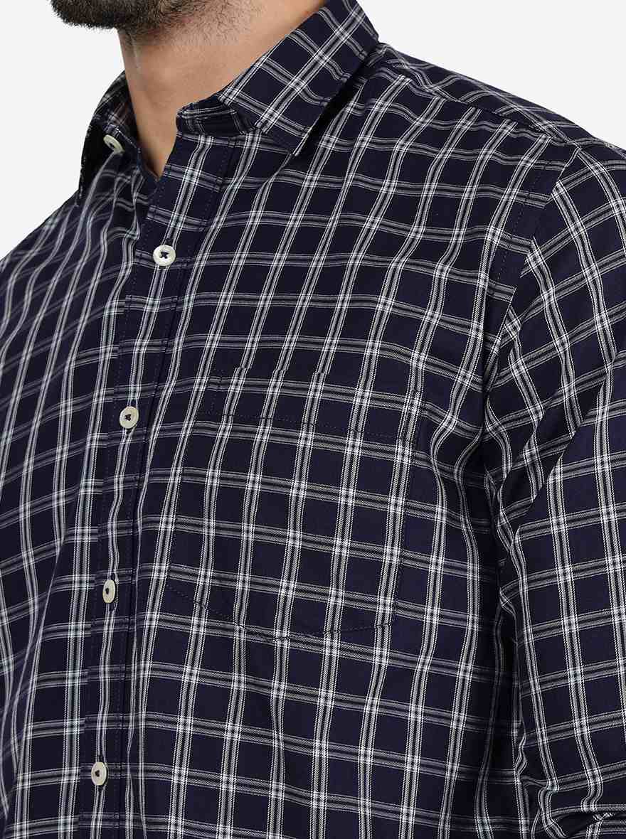 Ink Blue Checked Slim Fit Semi Casual Shirt | JadeBlue