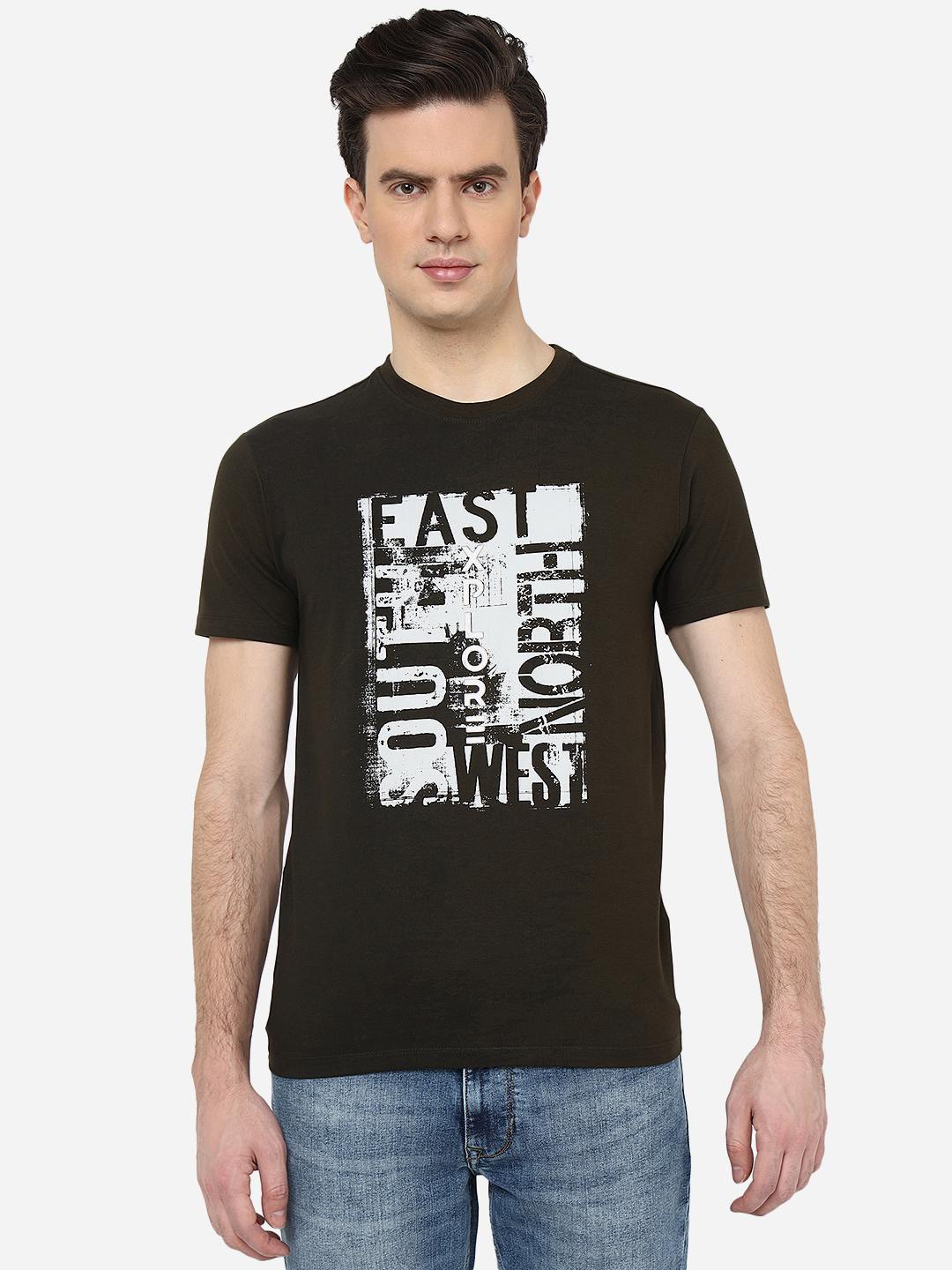 Olive Green Printed Slim Fit T-Shirt