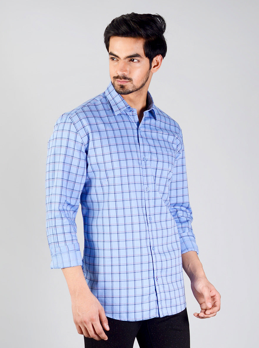 Blue Checked Slim Fit Casual Shirt | JadeBlue