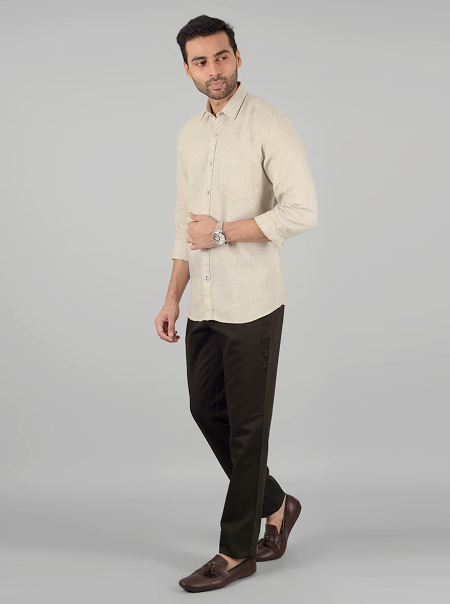 Cream Solid Slim Fit Casual Shirt | JadeBlue