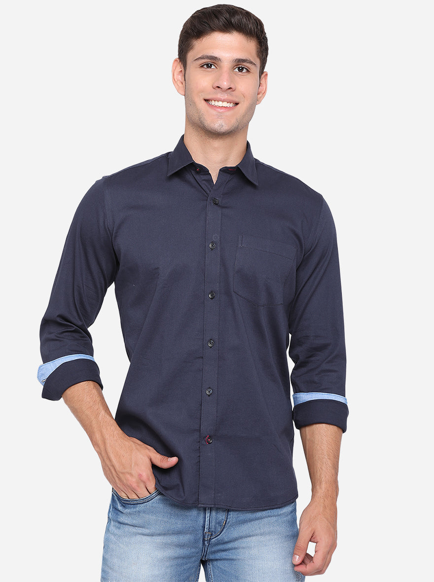 Night Blue Solid Slim Fit Casual Shirt | Greenfibre