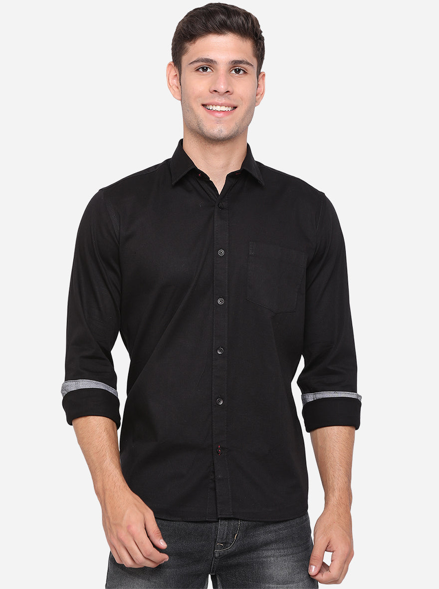 Jet Black Solid Slim Fit Casual Shirt | Greenfibre