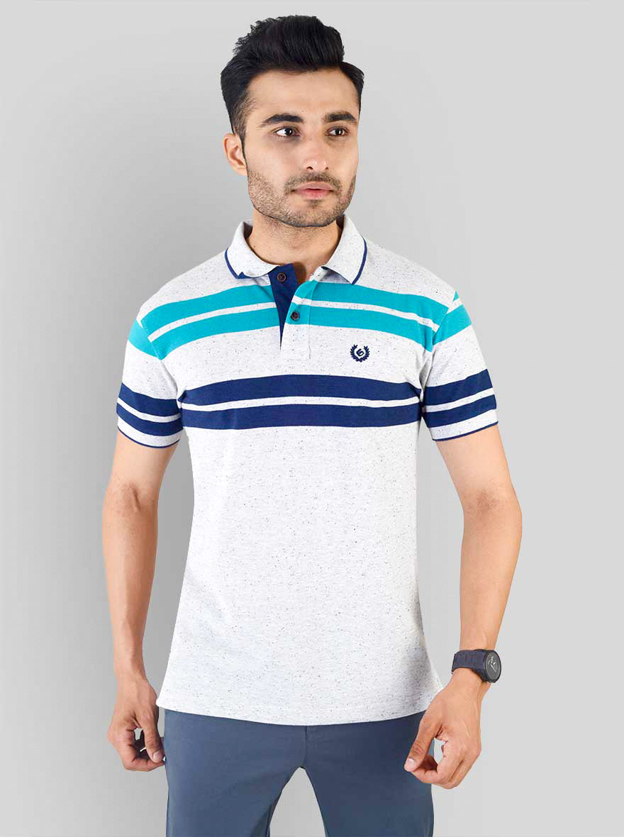 Nappy Green & Blue Striped Slim Fit Polo T-shirt | Greenfibre