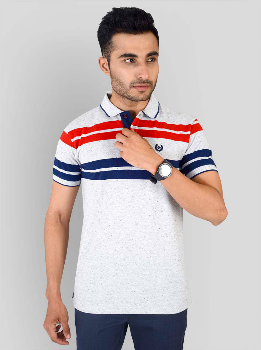 Red & Blue Striped Slim Fit Polo T-shirt | Greenfibre