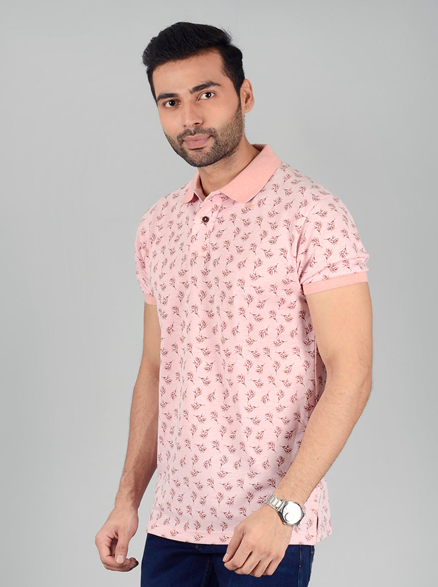 Light Pink Printed Slim Fit Polo T-Shirt | Greenfibre