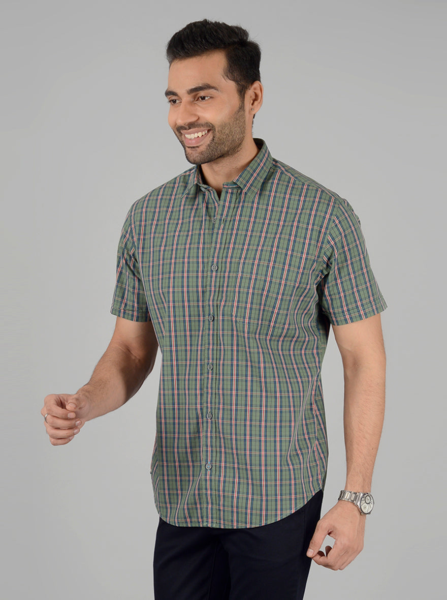 Sea Green Checked Classic Fit Casual Shirt | Greenfibre