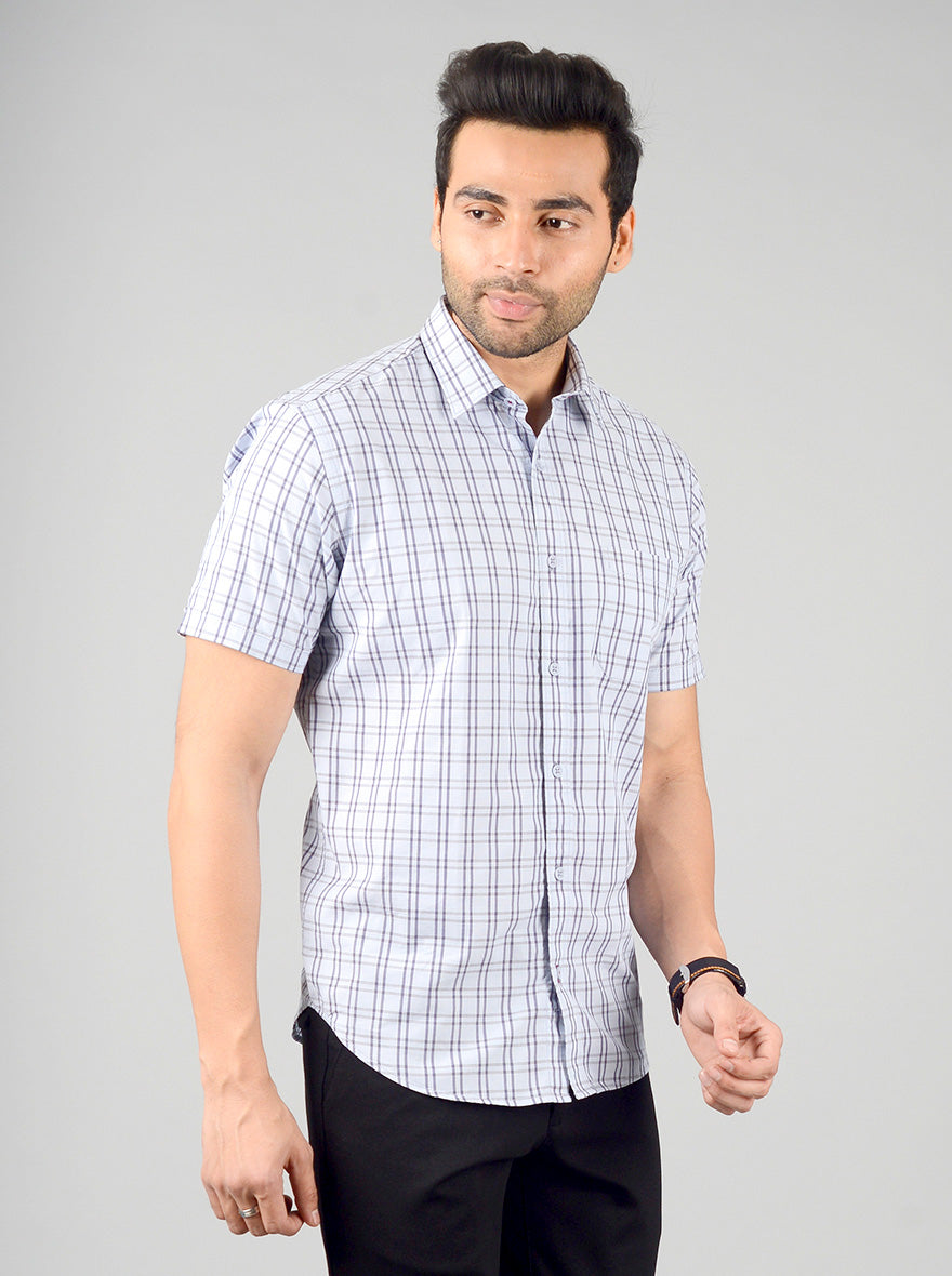 Sky Blue Checked Regular Fit Casual Shirt | Greenfibre