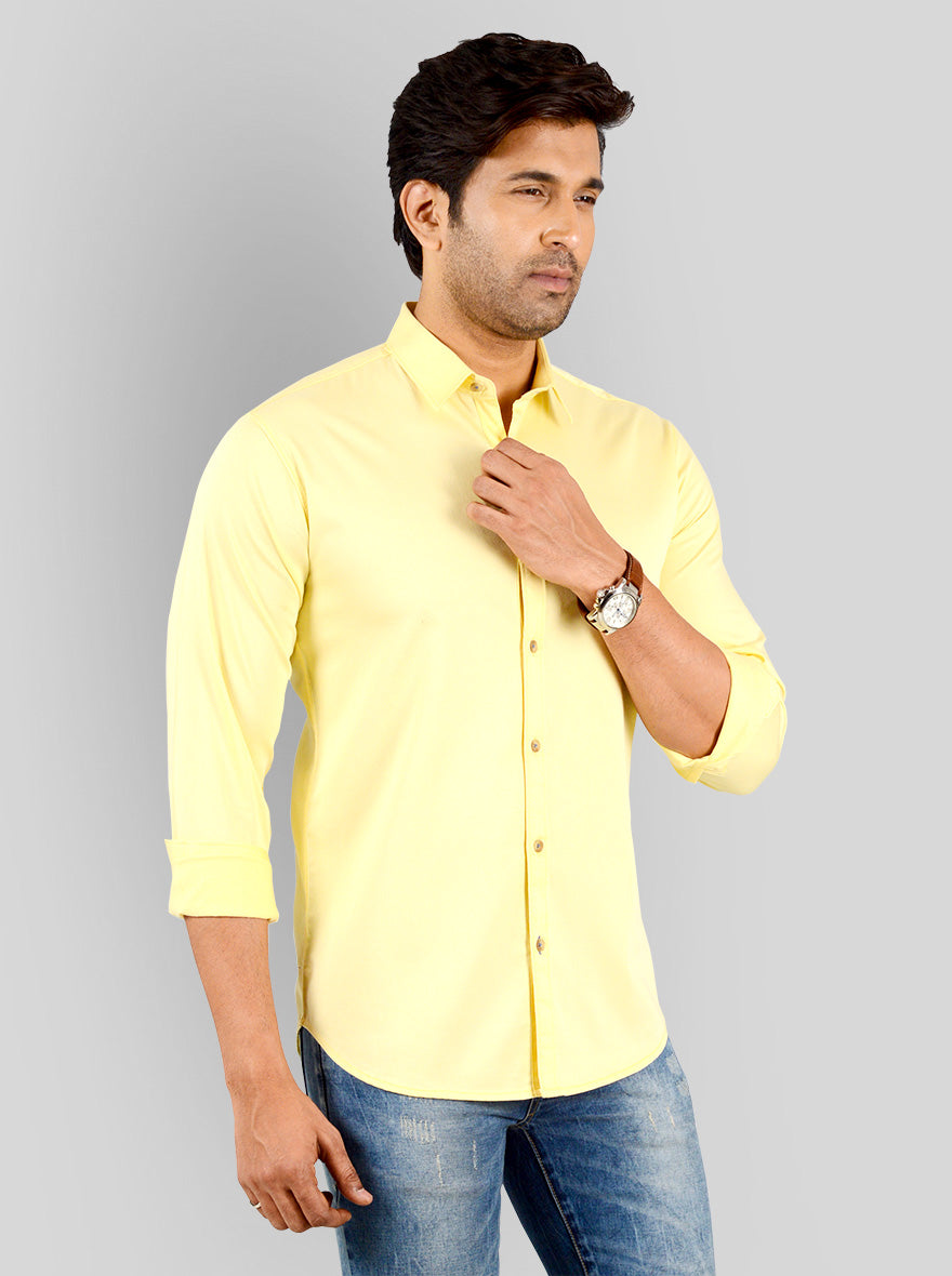 Lemon Yellow Solid Slim Fit Casual Shirt | Greenfibre