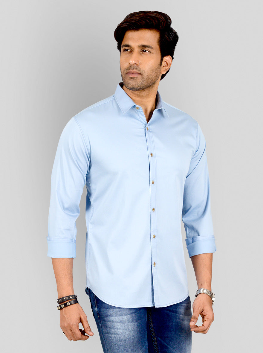 Sky Blue Solid Slim Fit Casual Shirt | Greenfibre