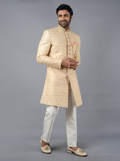 Cream & Peach Embroidered Regular Fit Indowestern | Azania