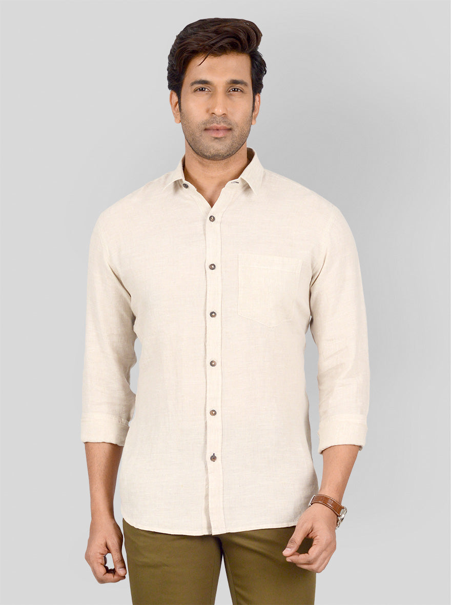 Light Khaki Self Textured Tailored Fit Casual Shirt | JadeBlue