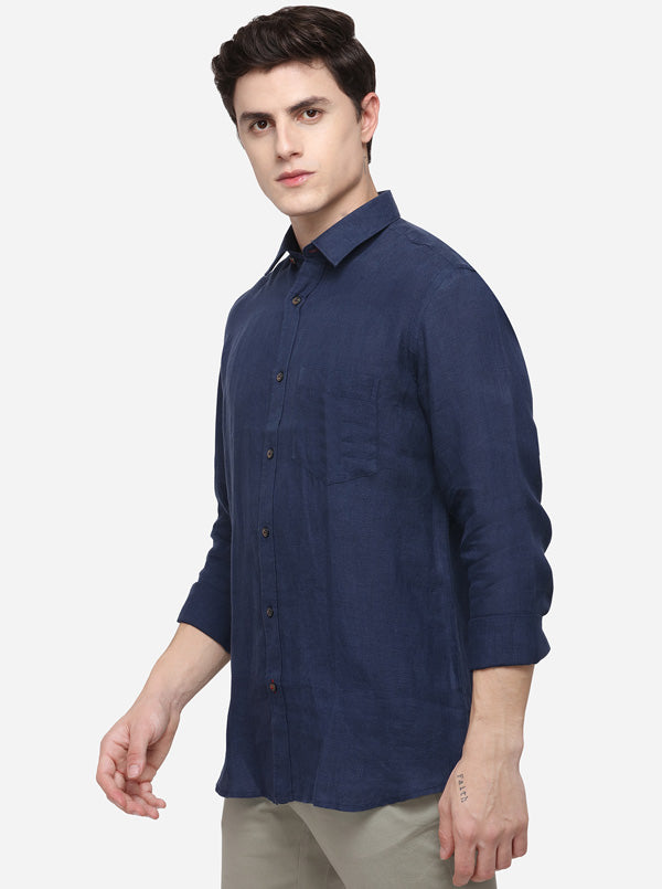 Navy Blue Tailored Fit Solid Casual Shirt | JadeBlue