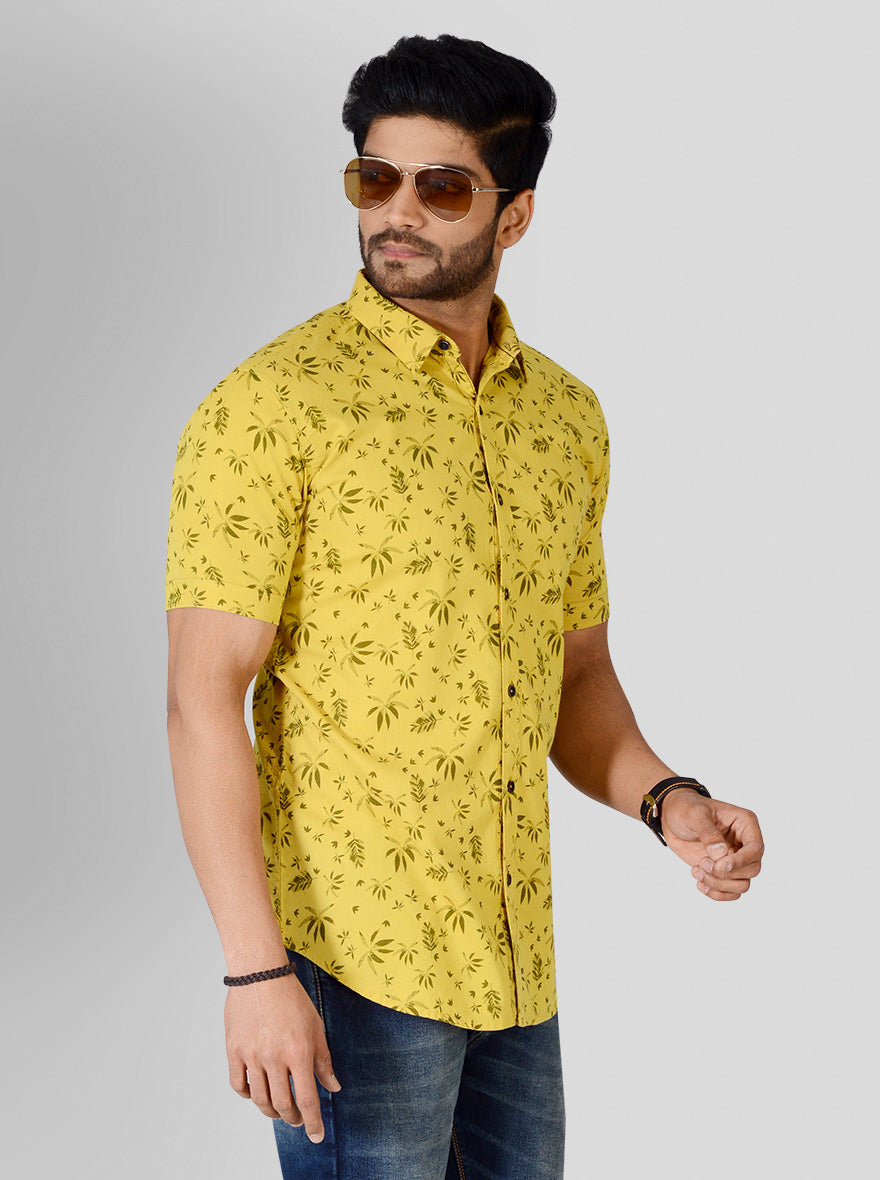 Bright Yellow Printed Slim Fit Casual Shirt | JadeBlue