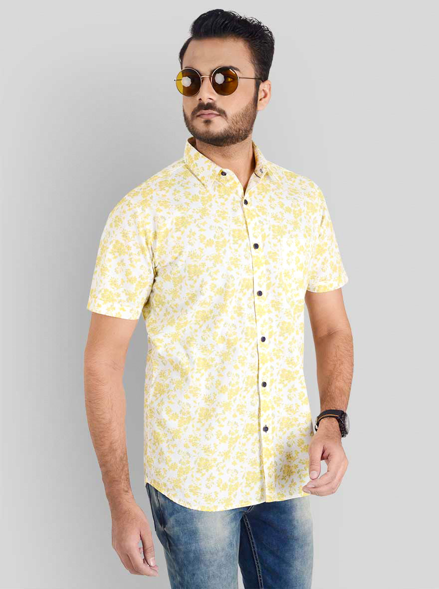 Lemon Yellow & White Printed Slim Fit Casual Shirt | JadeBlue