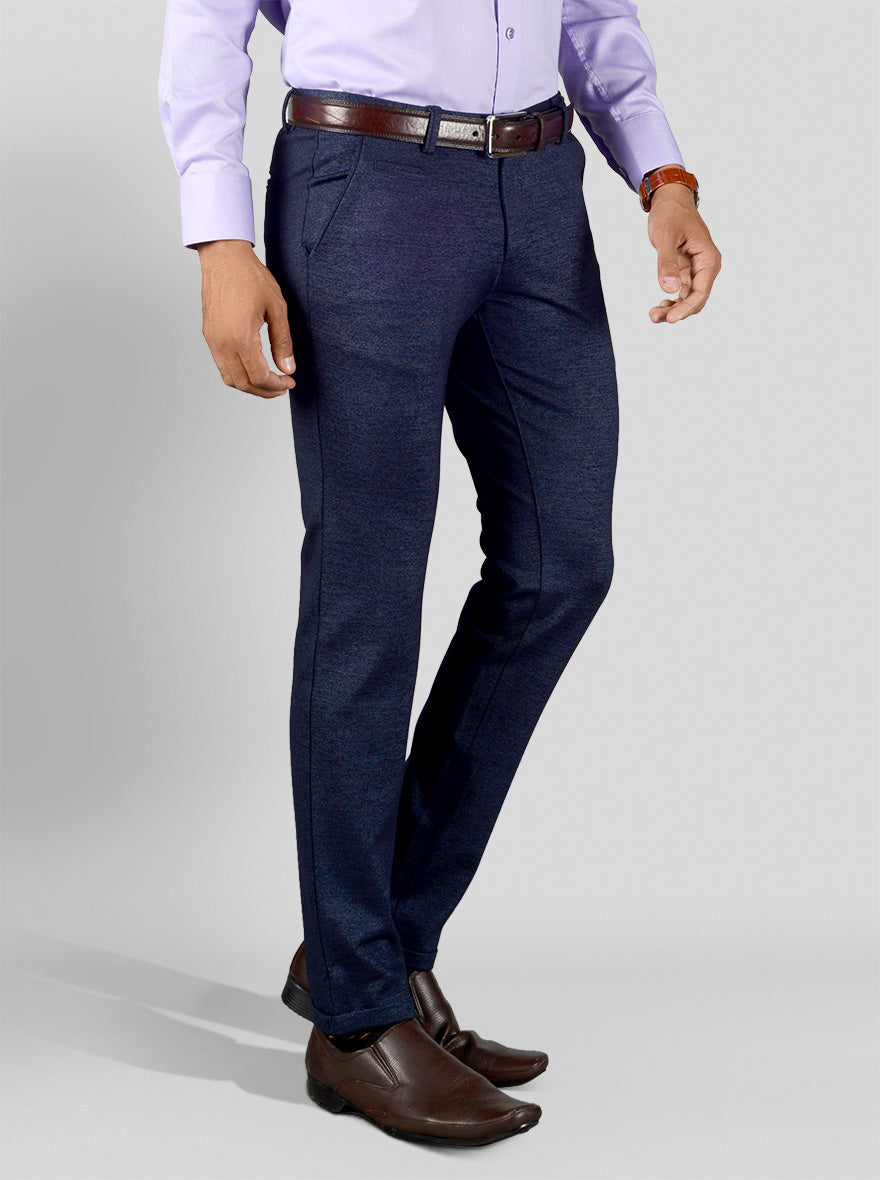 Navy Blue Self Textured Slim Fit Club Wear Trouser | JB Studio