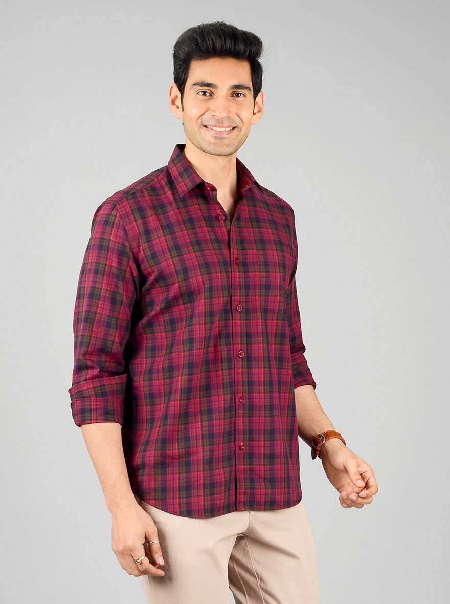 Jester Red Checked Slim Fit Casual Shirt | JadeBlue