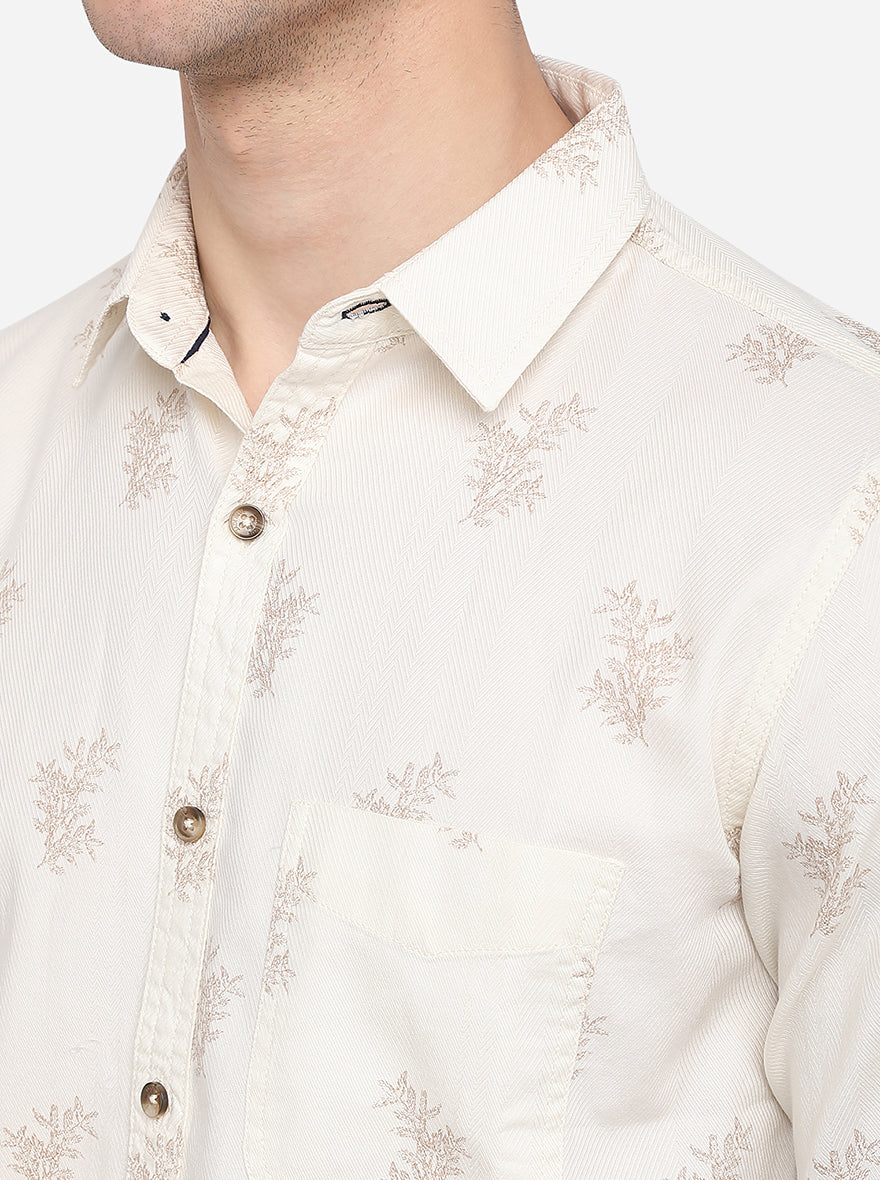 Cream Printed Slim Fit Casual Shirt | JadeBlue