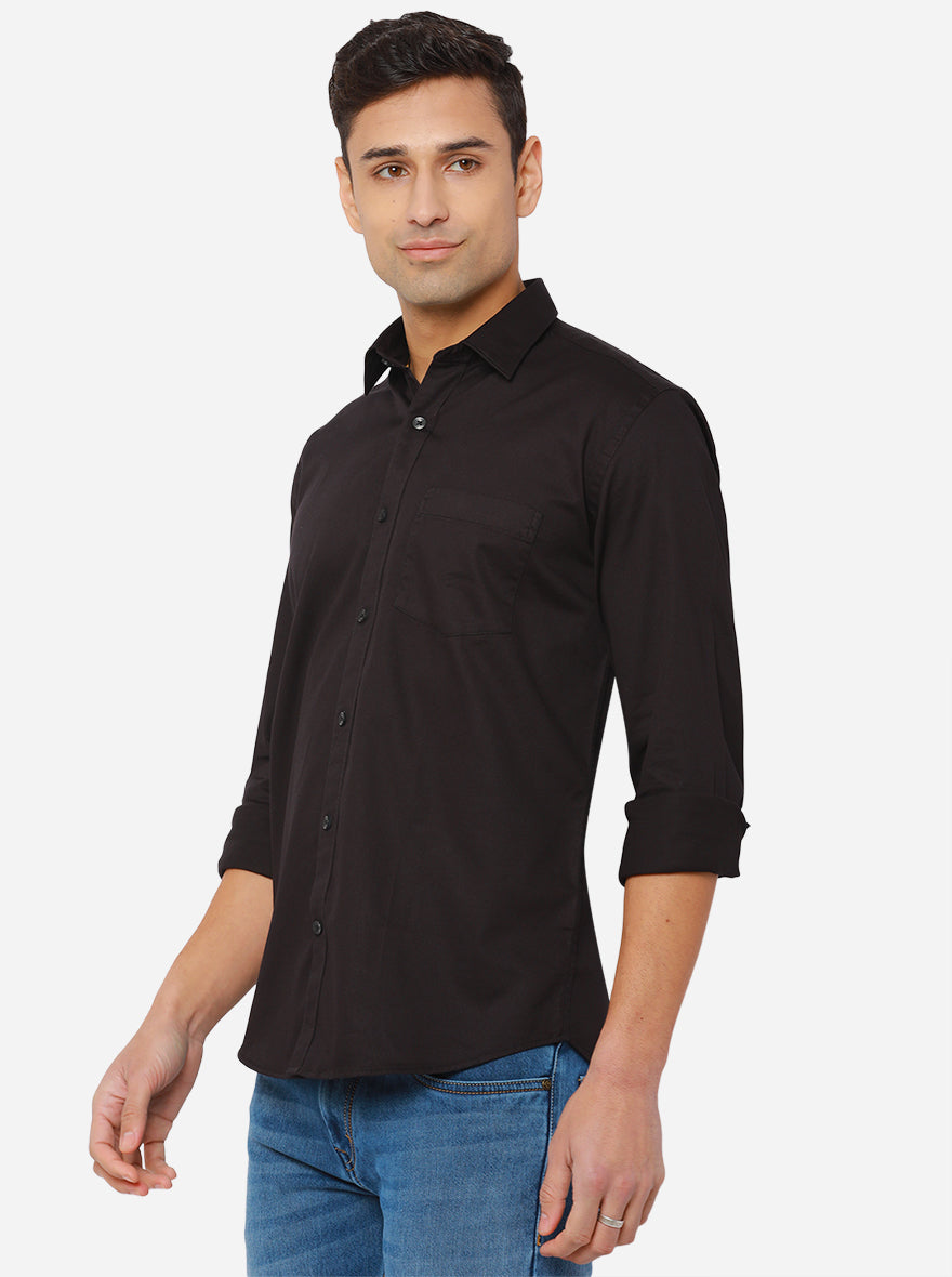 Jet Black Solid Slim Fit Casual Shirt | JadeBlue