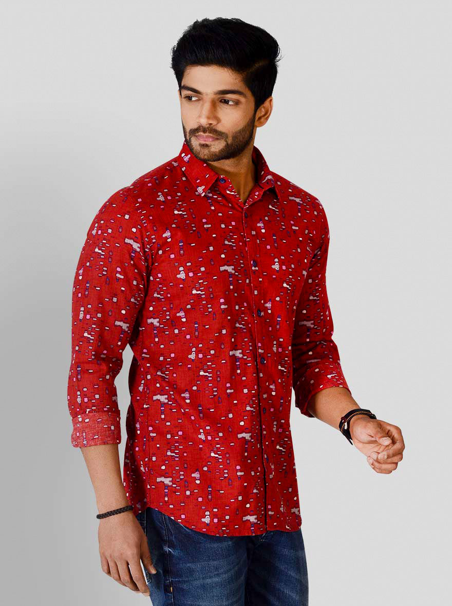 Red Printed Slim Fit Casual Shirt | JB Sport