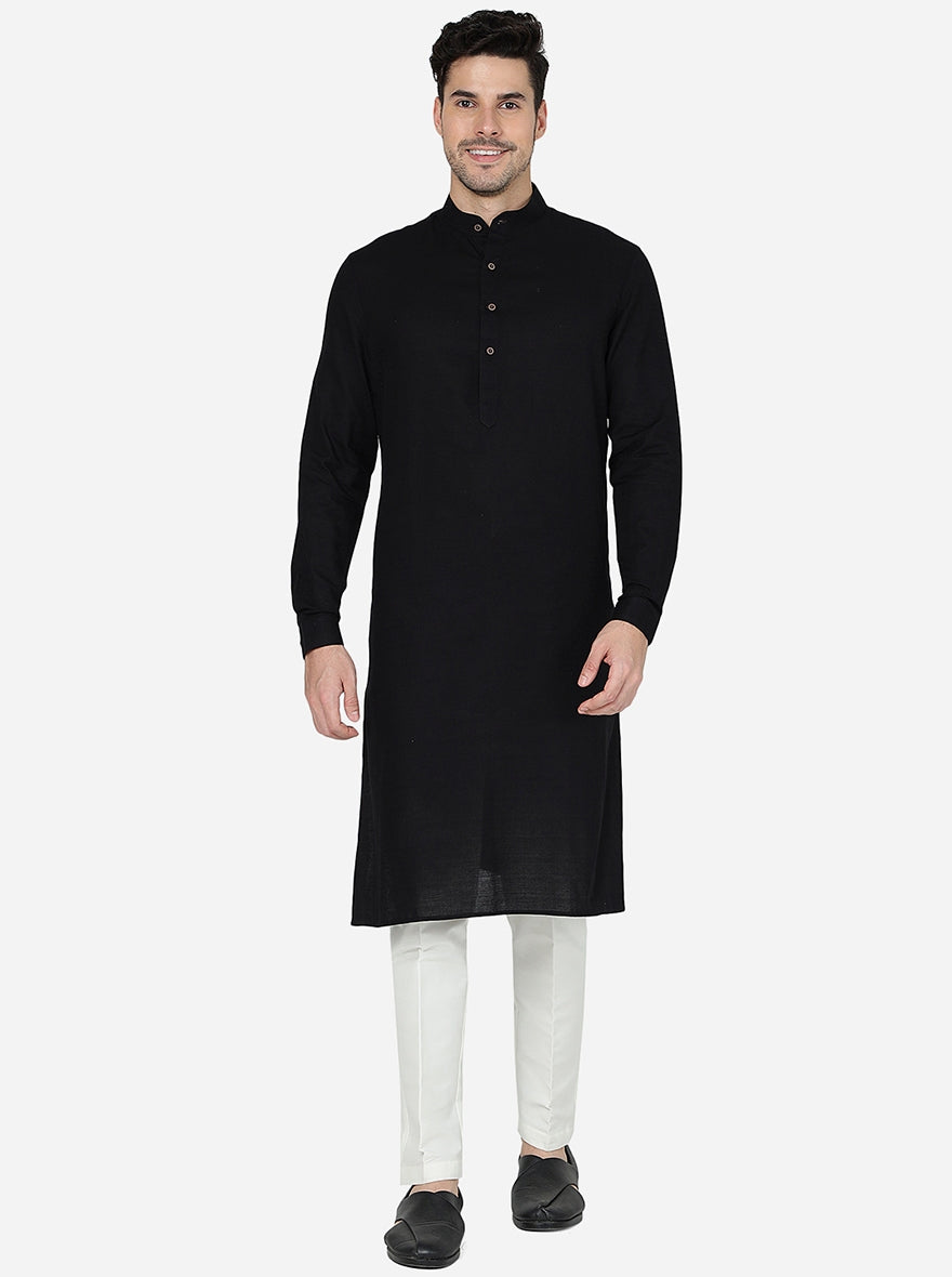 Jet Black Solid Regular Fit Modi Kurta | JadeBlue