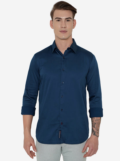 Navy Blue Solid Slim Fit Semi Casual Shirt | JadeBlue
