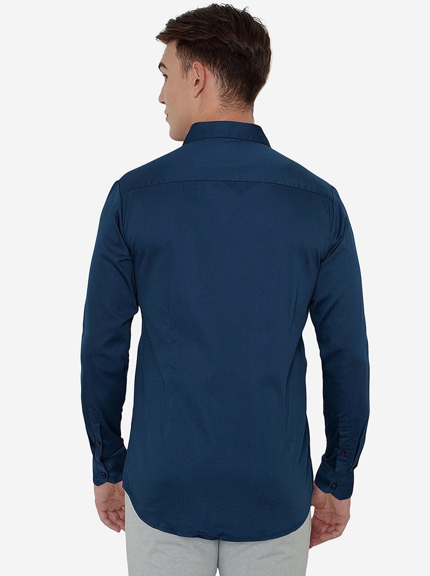Navy Blue Solid Slim Fit Semi Casual Shirt | JadeBlue