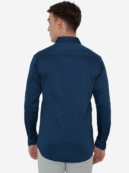 Navy Blue Solid Slim Fit Semi Casual Shirt | JadeBlue