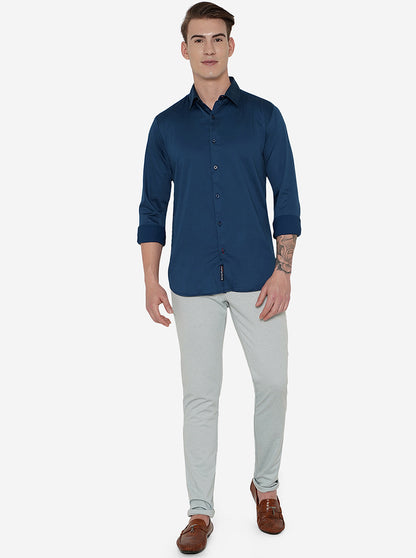 Navy Blue Solid Slim Fit Semi Casual Shirt | JadeBlue
