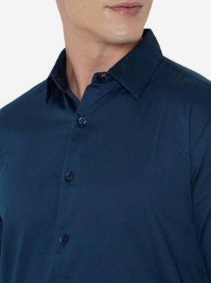 Navy Blue Solid Slim Fit Semi Casual Shirt | JadeBlue