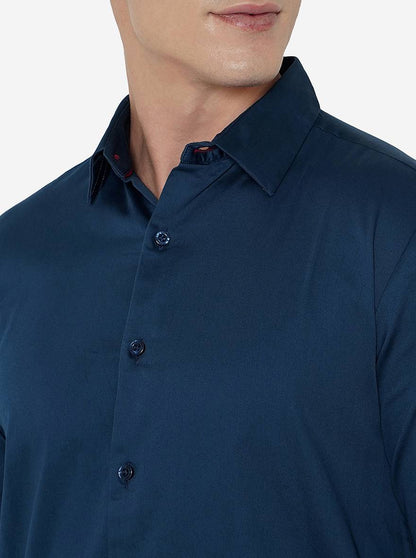 Navy Blue Solid Slim Fit Semi Casual Shirt | JadeBlue