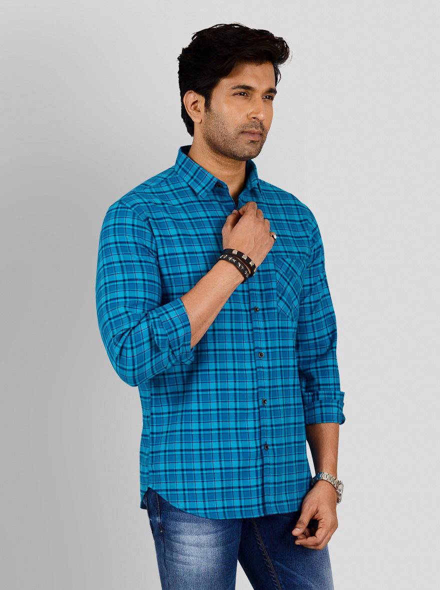 Vivid Blue Checked Slim Fit Casual Shirt | Greenfibre