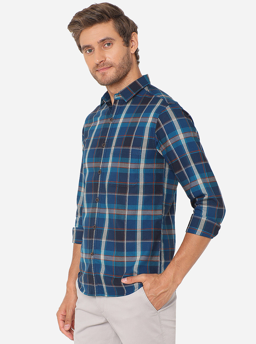 Dark Blue Checked Slim Fit Semi Casual Shirt | Greenfibre