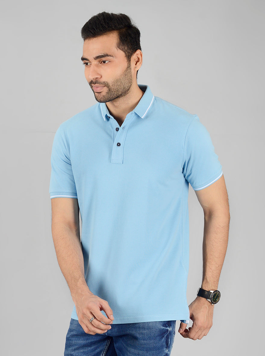 Sky Blue Solid Slim Fit Polo T-Shirt | JadeBlue