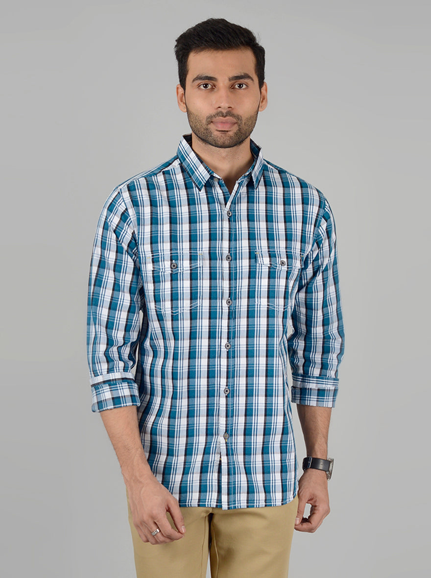Turquoise Blue Checked Slim Fit Casual Shirt | Greenfibre