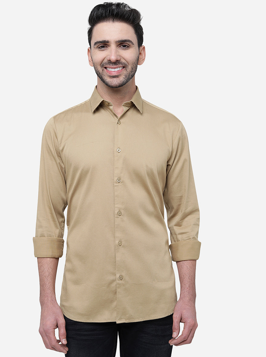Light Brown Solid Slim Fit Semi Casual Shirt | JadeBlue