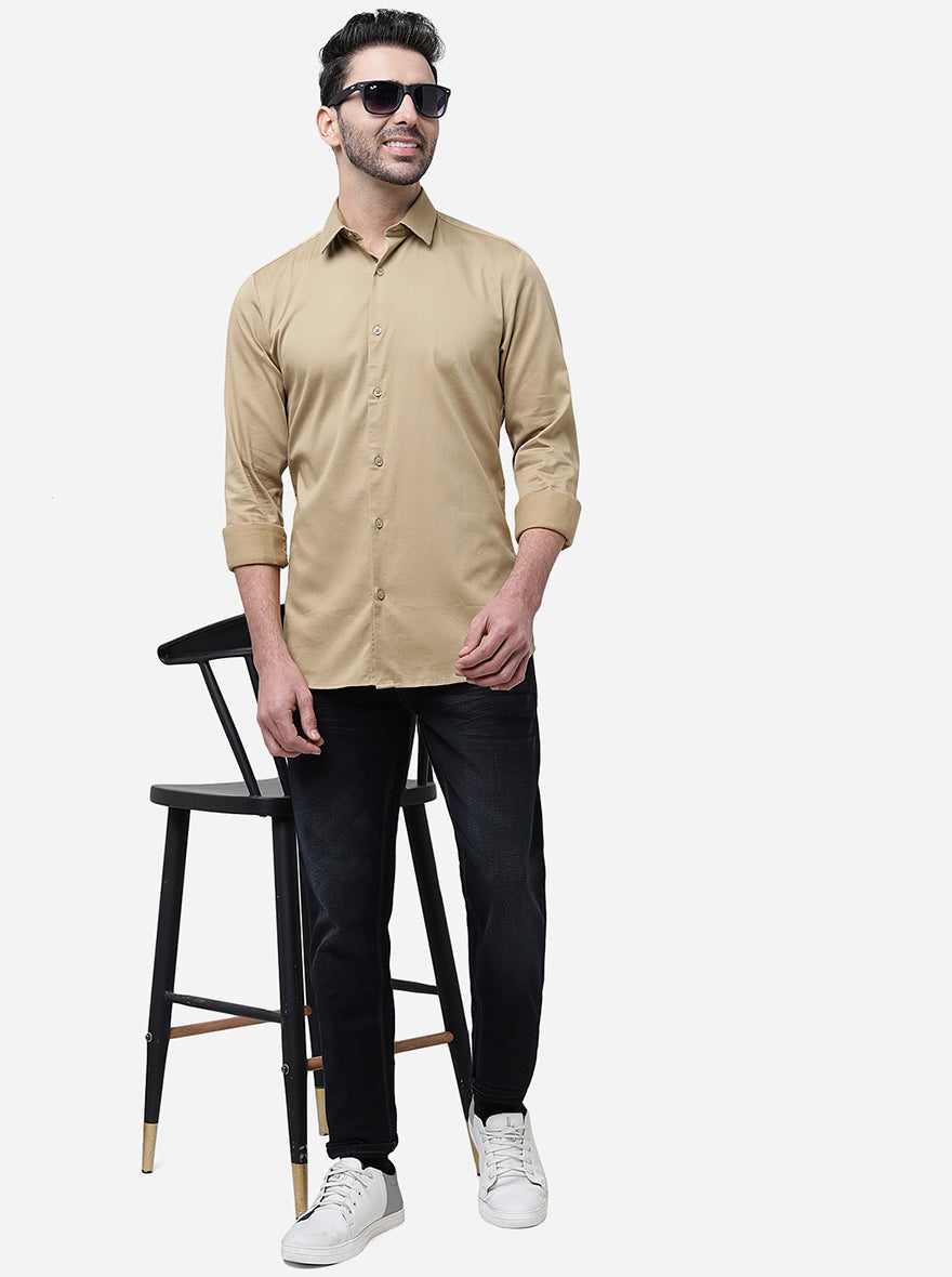 Light Brown Solid Slim Fit Semi Casual Shirt | JadeBlue