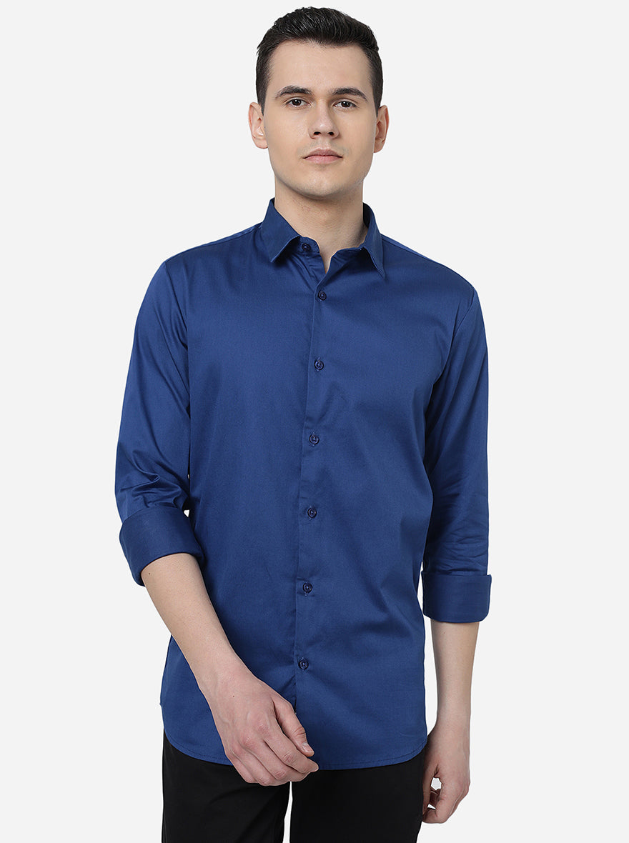 Navy Blue Solid Slim Fit Semi Casual Shirt | JadeBlue
