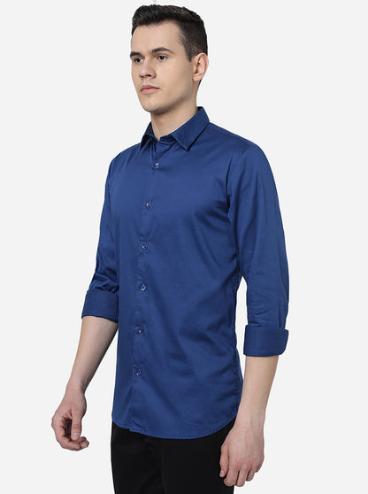 Navy Blue Solid Slim Fit Semi Casual Shirt | JadeBlue