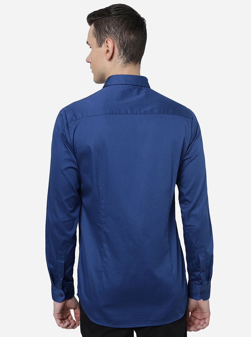 Navy Blue Solid Slim Fit Semi Casual Shirt | JadeBlue