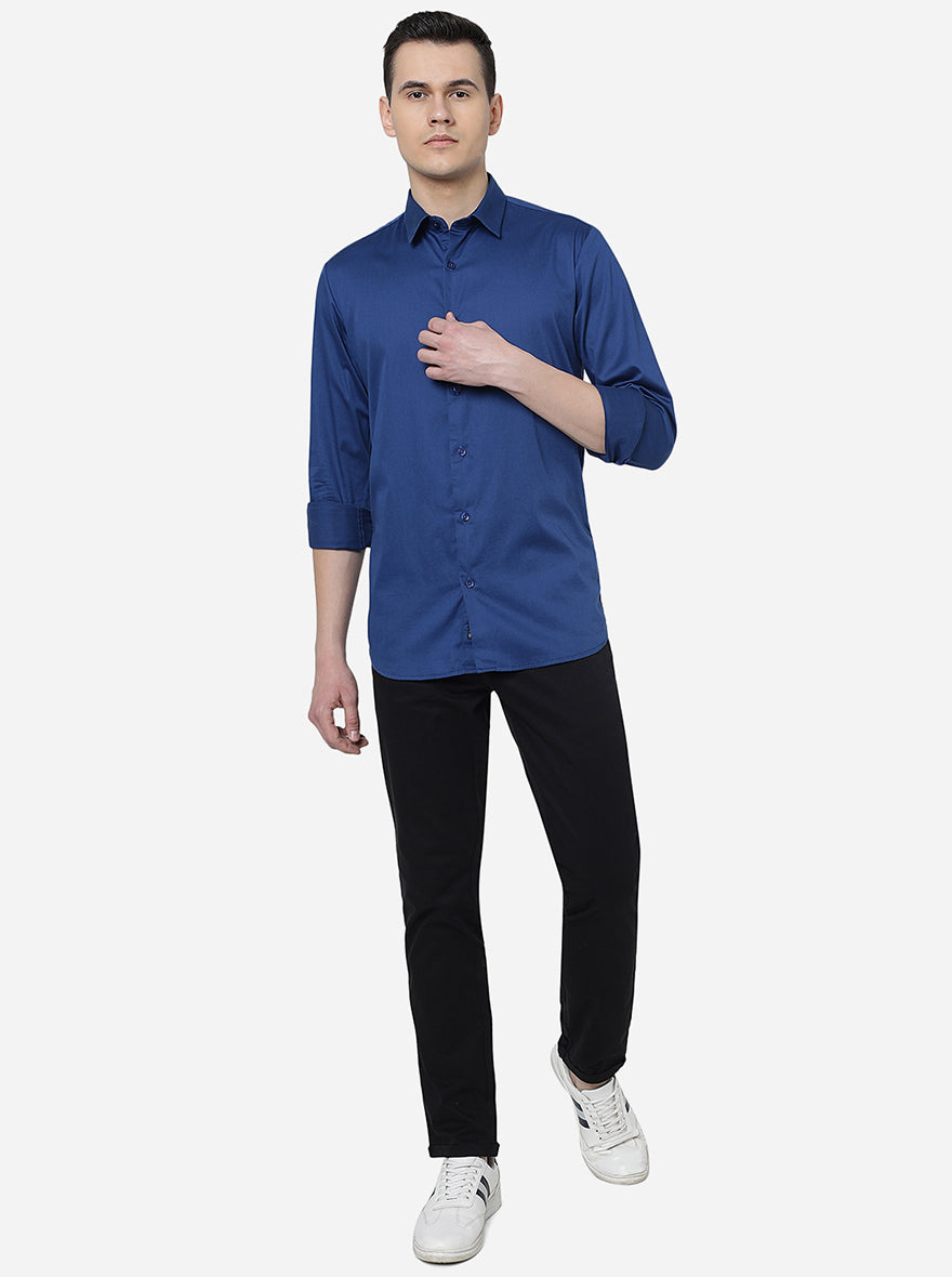 Navy Blue Solid Slim Fit Semi Casual Shirt | JadeBlue