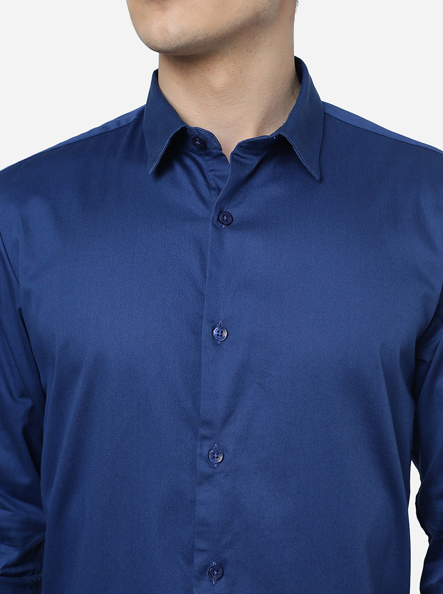 Navy Blue Solid Slim Fit Semi Casual Shirt | JadeBlue
