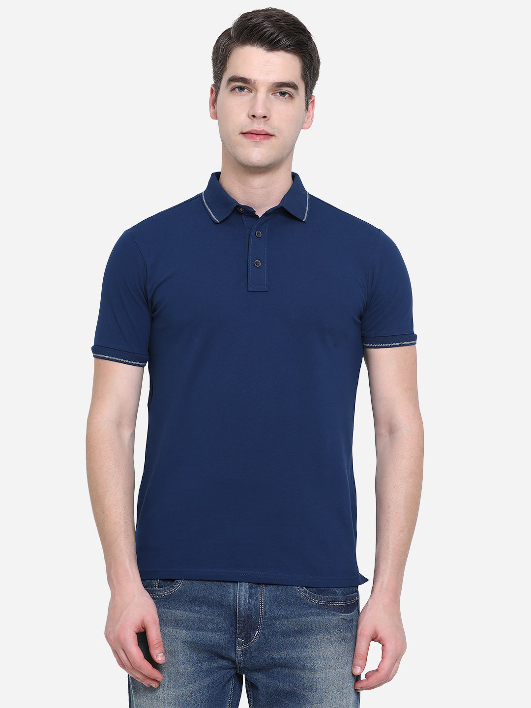 Navy Blue Solid Slim Fit Polo T-Shirt | JadeBlue